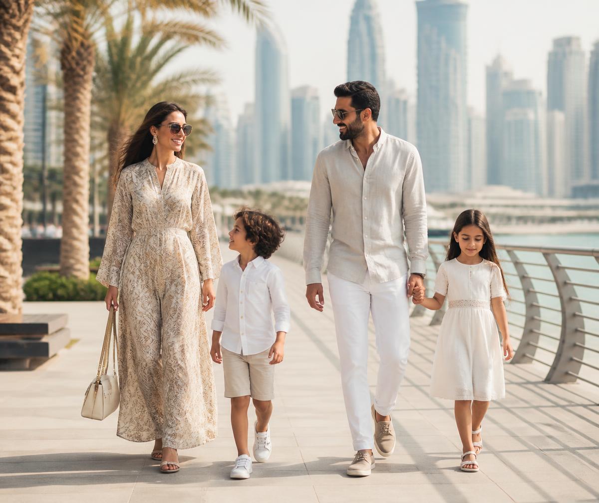 A family walking along a sunlit Dubai waterfront promenade