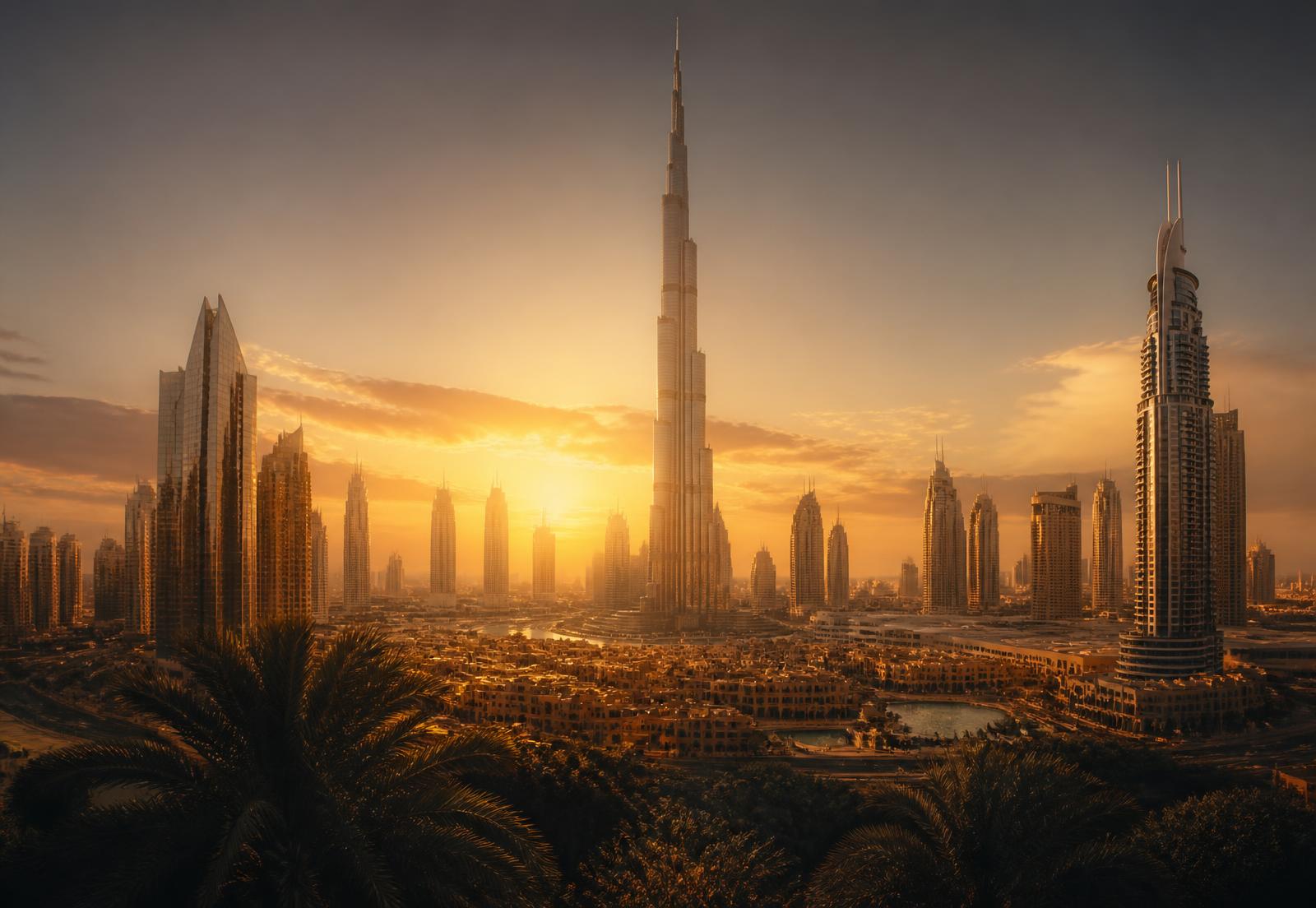 Dubai skyline at golden hour with the Burj Khalifa