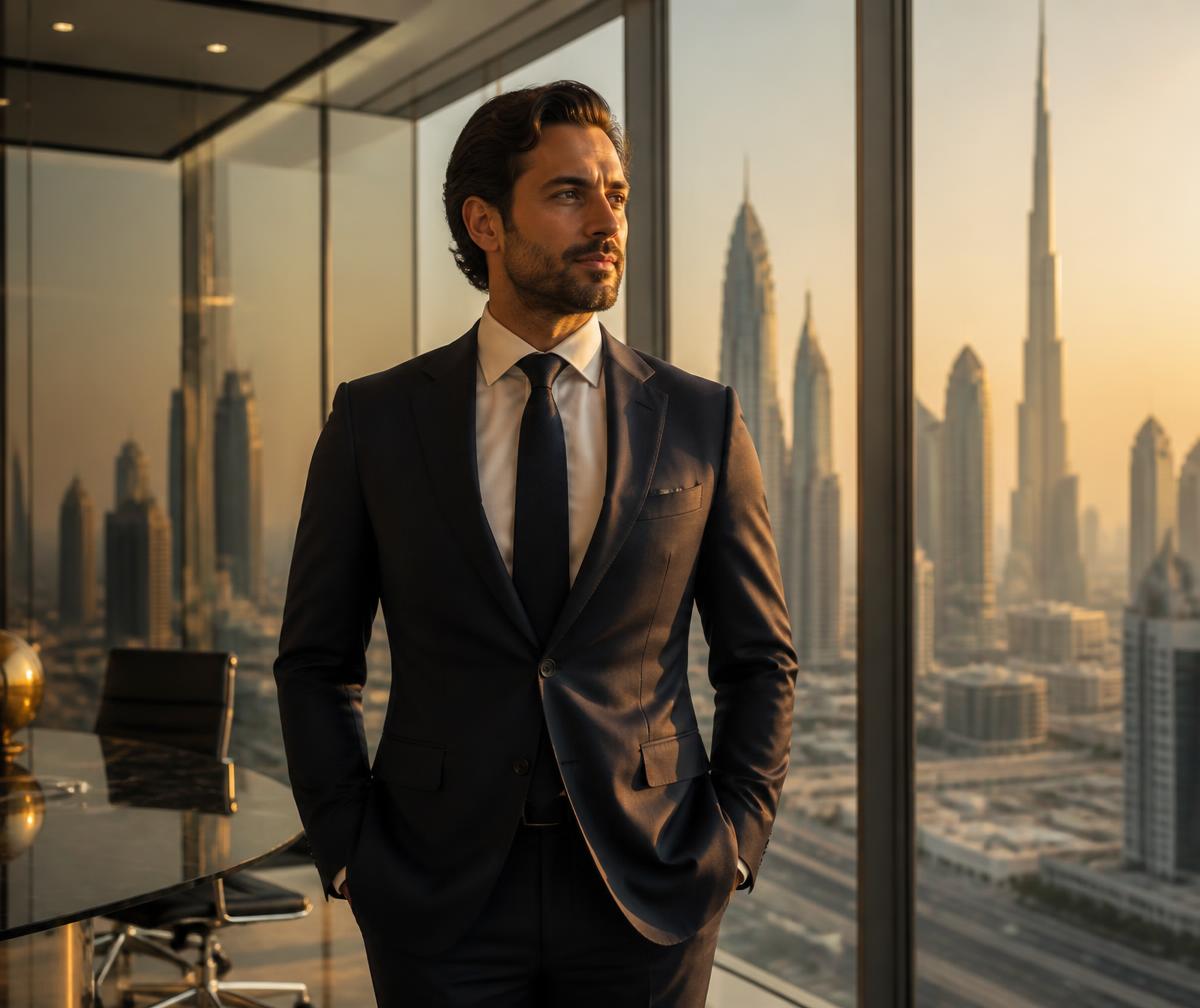 Business investor in a Dubai office overlooking the city skyline